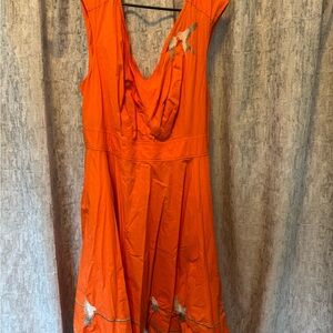 Orange Cap-Sleeve Dress with Bird Embroidery